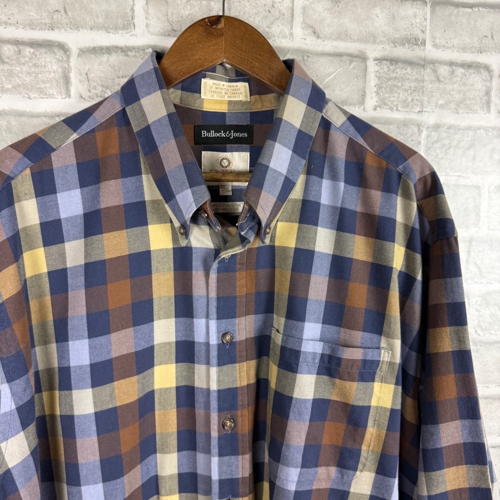 Bullock & Jones Viyella Mens XXL Cotton Wool Plaid Button Down Shirt Blue Brown